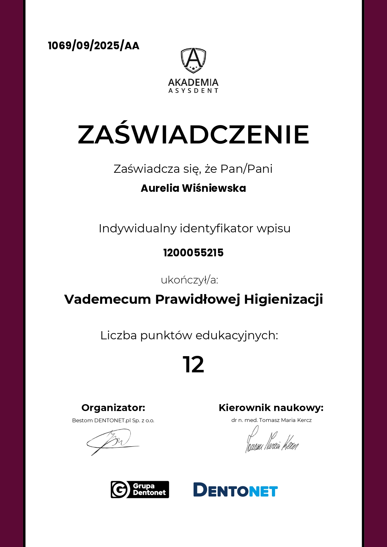 Karta Smile Academy potwierdzająca udział Aurelii Wiśniewskiej